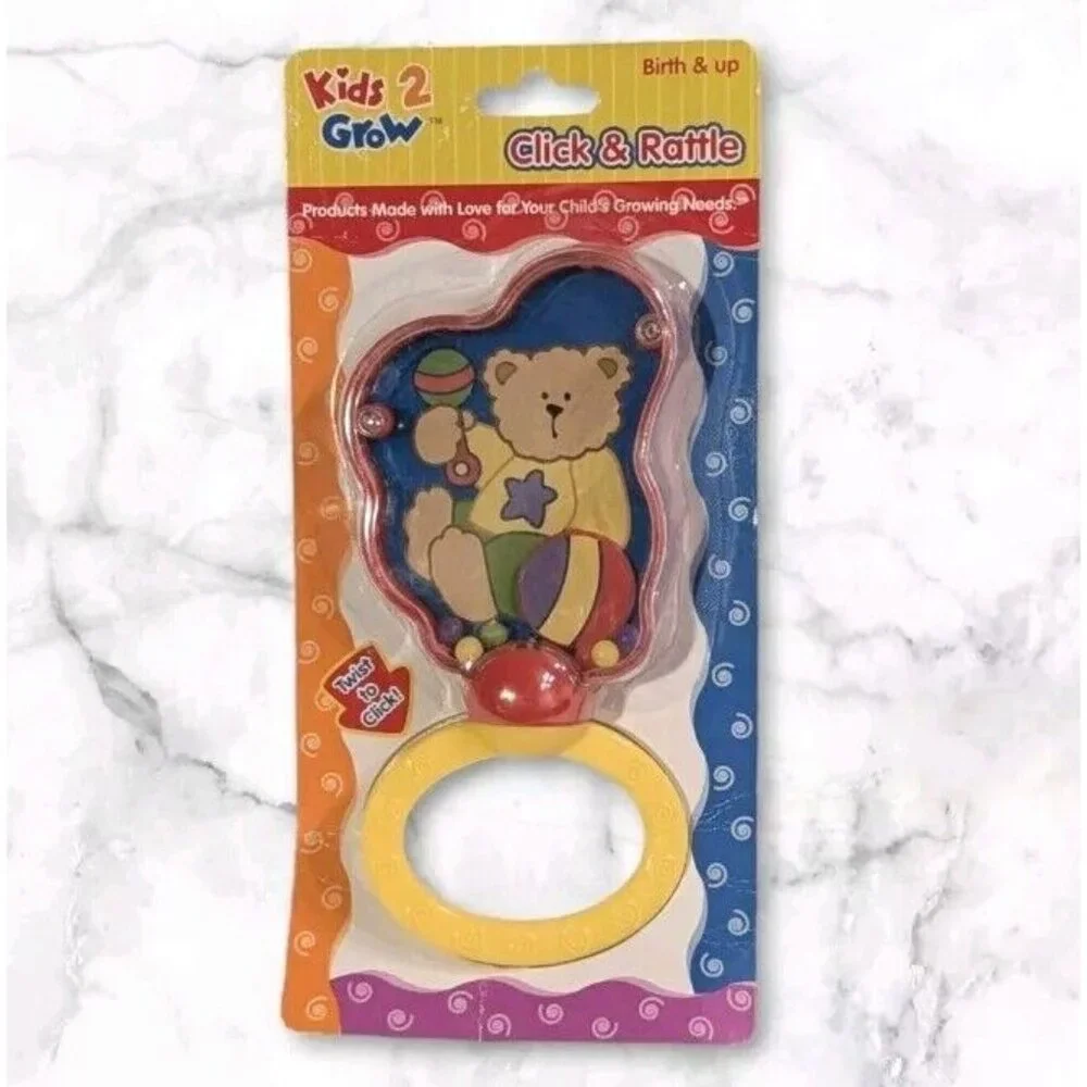 Kids 2 Grow Baby Toy Click & Rattle Infant Twist Teddy Bear NOS Colorful Vtg Fun